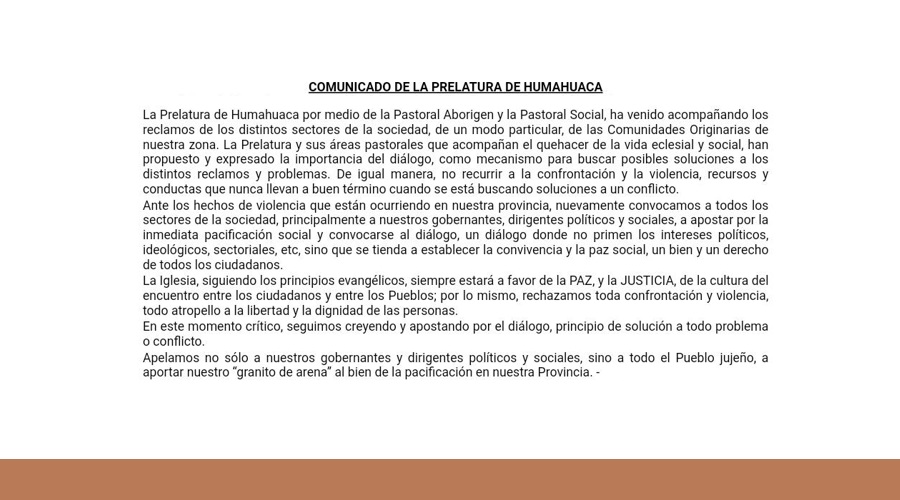 Imagen del contenido Comunicado de la Prelatura de Humahuaca ante la situación en la provincia de Jujuy